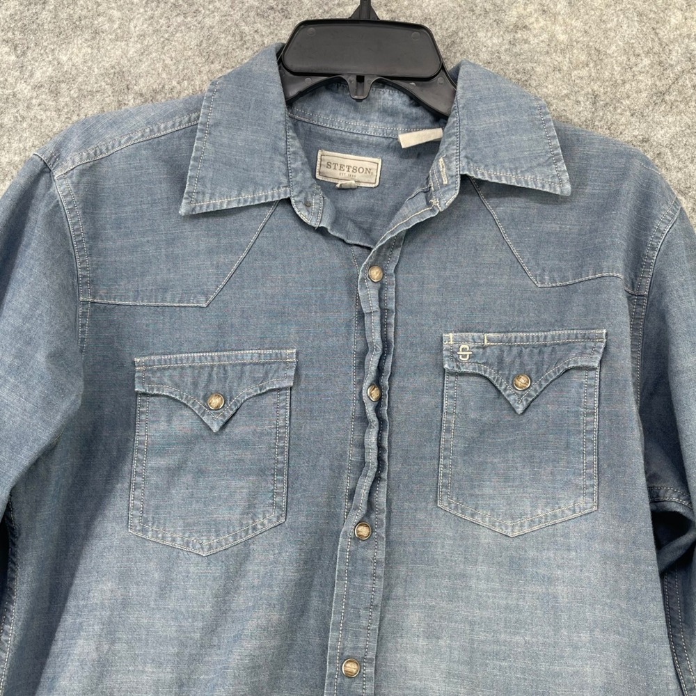 Stetson Western Pearl Snap Shirt Men Medium Blue Chambray Cowboy Rodeo Button Up